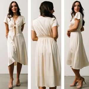 Baltic Born Womens Ivory Satin Midi Dress Knot Front Flutter Sleeve. Size M